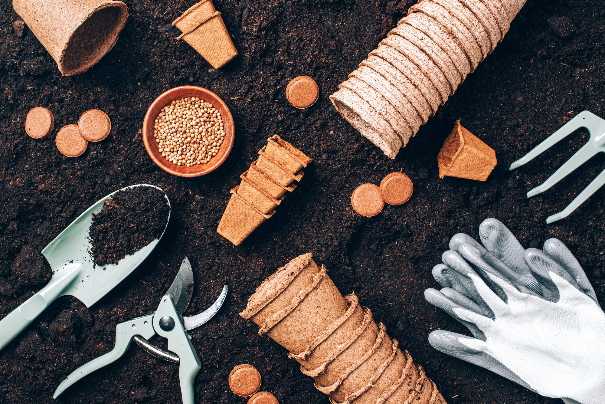 Gardening tools over soil background. Gardening tools, seeds, pruner, rake, shovel, biodegradable